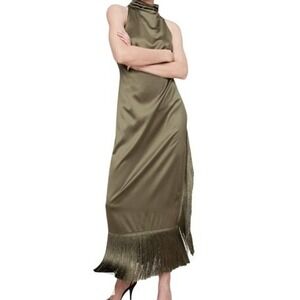Banana Republic BR Olive Satin Fringe High Neck Dress Slit size 8